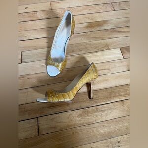 St. John canary yellow/gold croc embossed open toe high heels